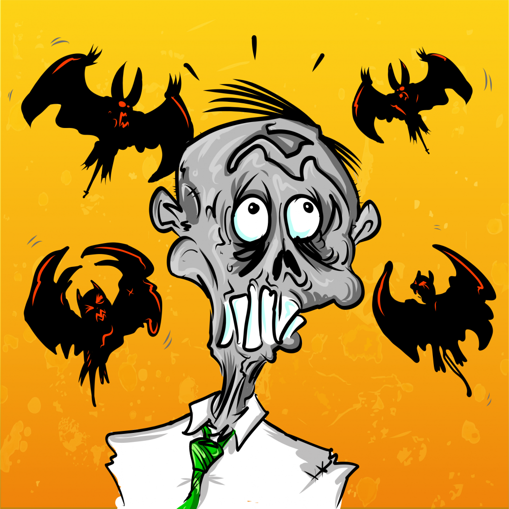 zombie with bats flying around his head